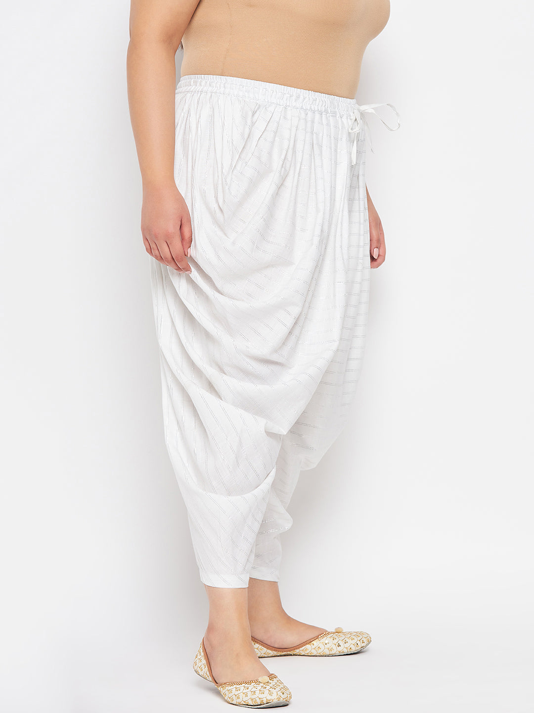 White striped rayon dhoti salwar with silver stripes and elasticated waistband.