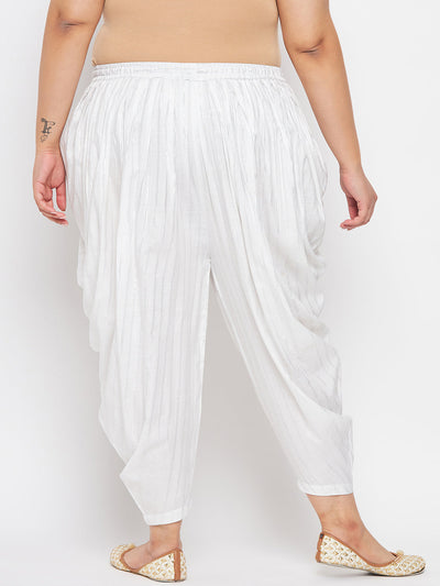 White striped rayon dhoti salwar with elasticated waistband and drawstring.