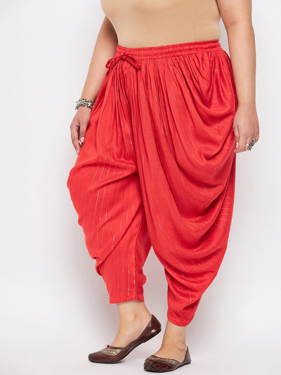 Red Striped Rayon Dhoti Salwar with silver stripes and elasticated waistband.