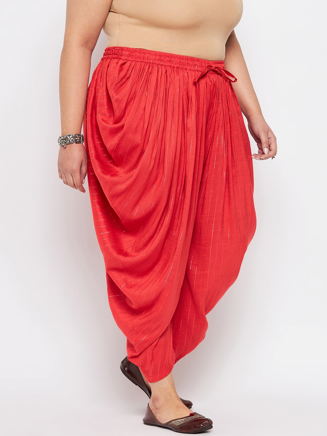 Red Striped Rayon Dhoti Salwar with silver stripes and elastic waistband.