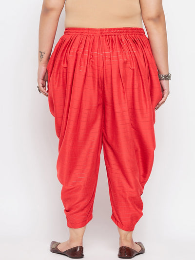 Red striped rayon dhoti salwar with elasticated waistband and drawstring.