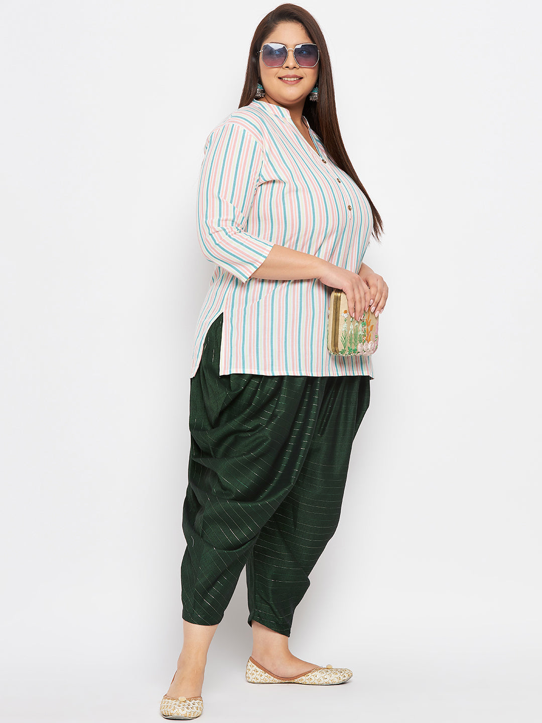 Bottle Green Striped Rayon Dhoti Salwar