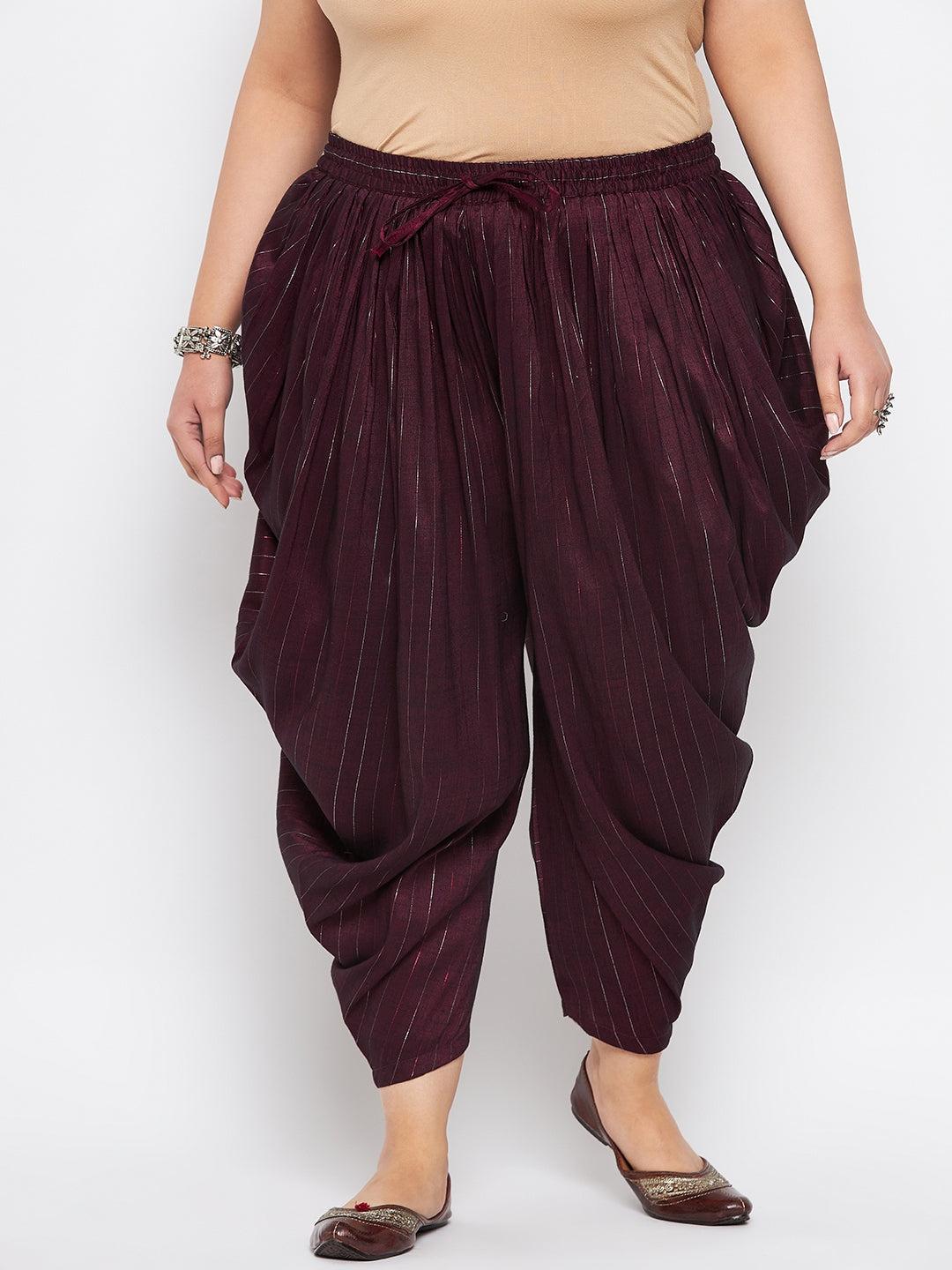 Wine striped rayon dhoti salwar with silver stripes, elasticated waistband, and drawstring.