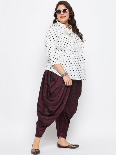 Wine Striped Rayon Dhoti Salwar with silver accents, elasticated waistband, and drawstring.