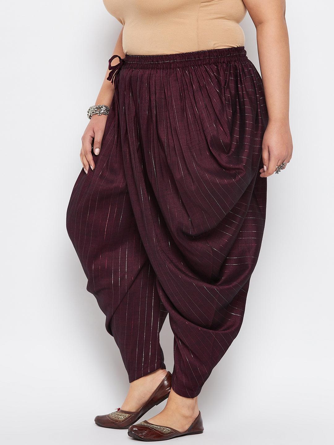 Wine Striped Rayon Dhoti Salwar with silver stripes and elasticated waistband.