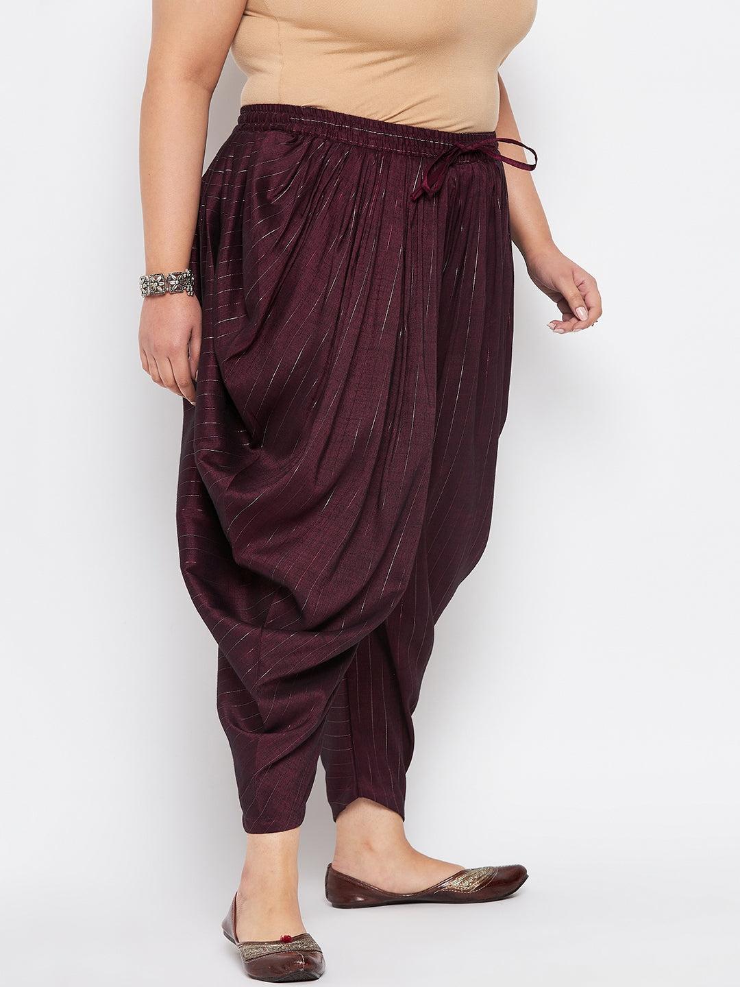 Wine striped rayon dhoti salwar with silver stripes and elasticated waistband.