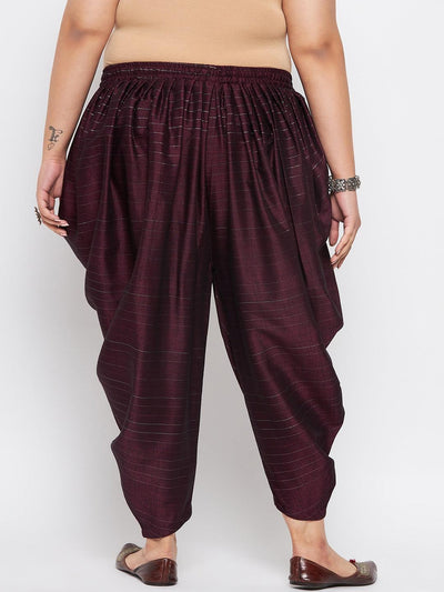 Wine striped rayon dhoti salwar with silver stripes and elasticated waistband.