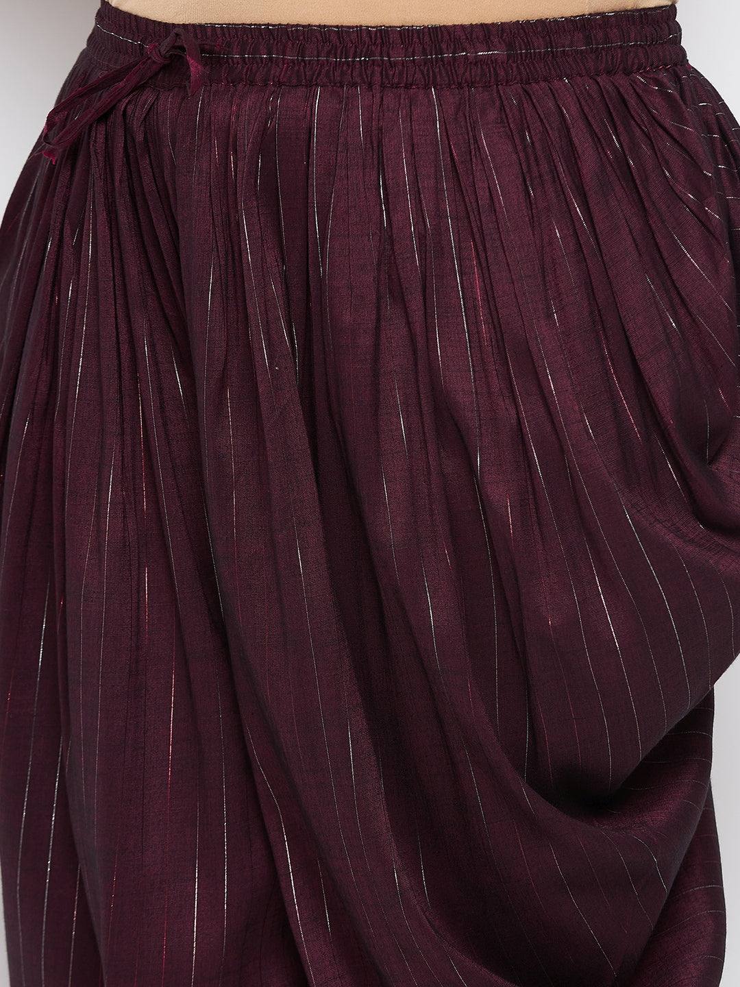 Wine striped rayon dhoti salwar with silver stripes and elasticated waistband.