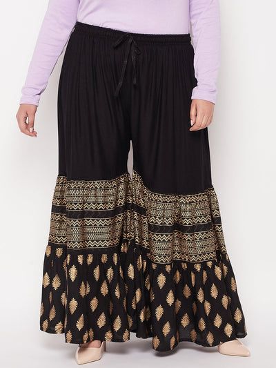 Black Printed Rayon Flared Gharara