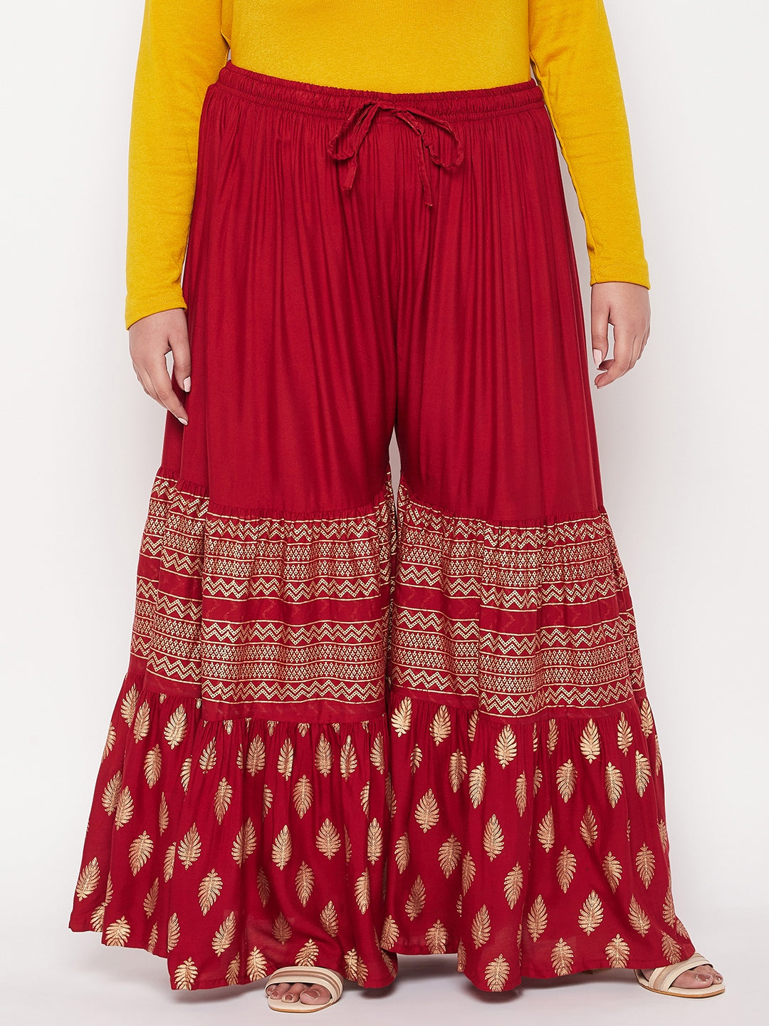 Maroon Printed Rayon Flared Gharara