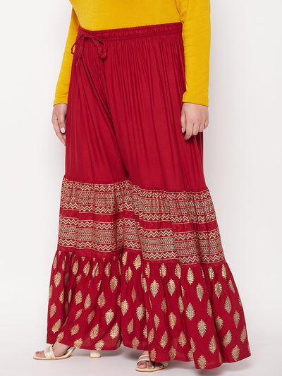 Maroon Printed Rayon Flared Gharara