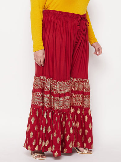 Maroon Printed Rayon Flared Gharara