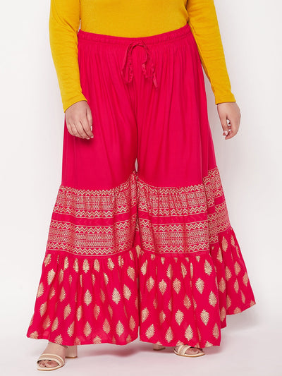 Magenta Printed Rayon Flared Gharara