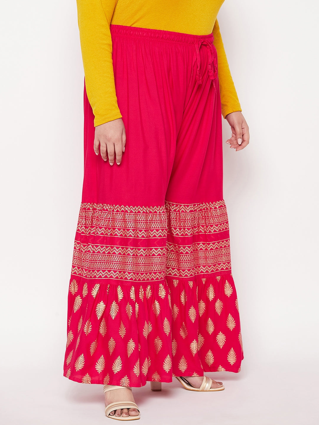 Magenta Printed Rayon Flared Gharara