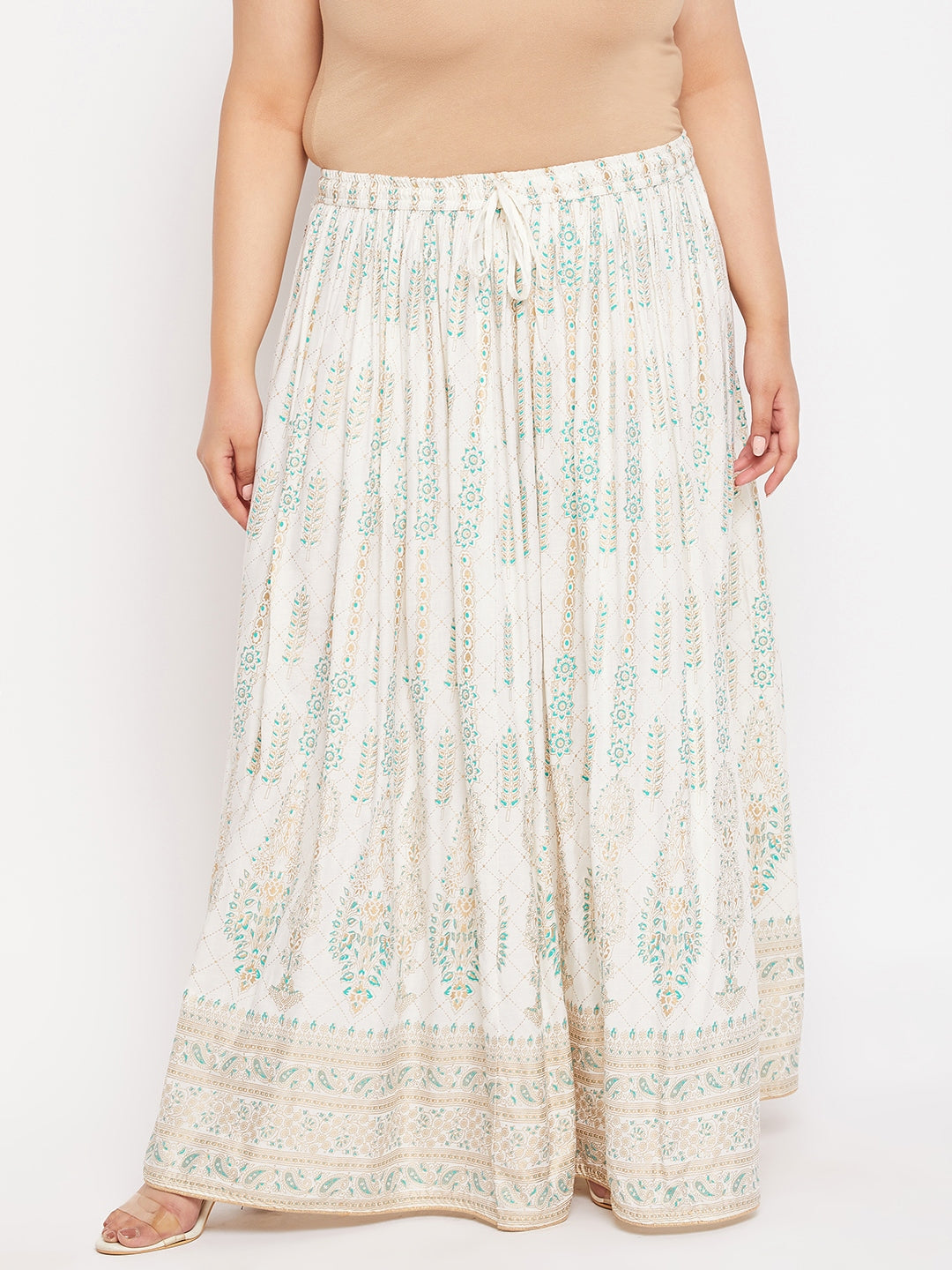 Cream Printed Flared Maxi Skirt