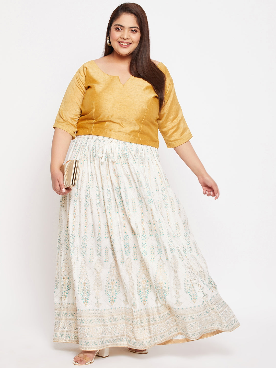 Cream Printed Flared Maxi Skirt