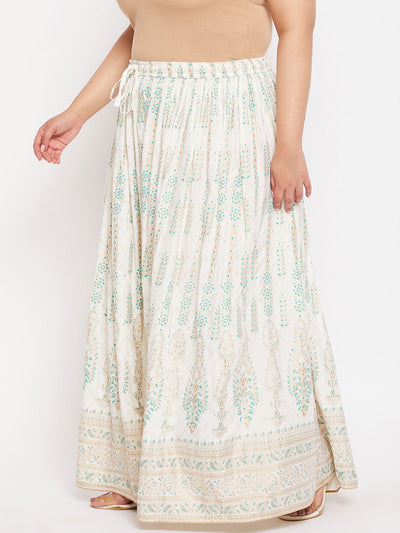 Cream Printed Flared Maxi Skirt