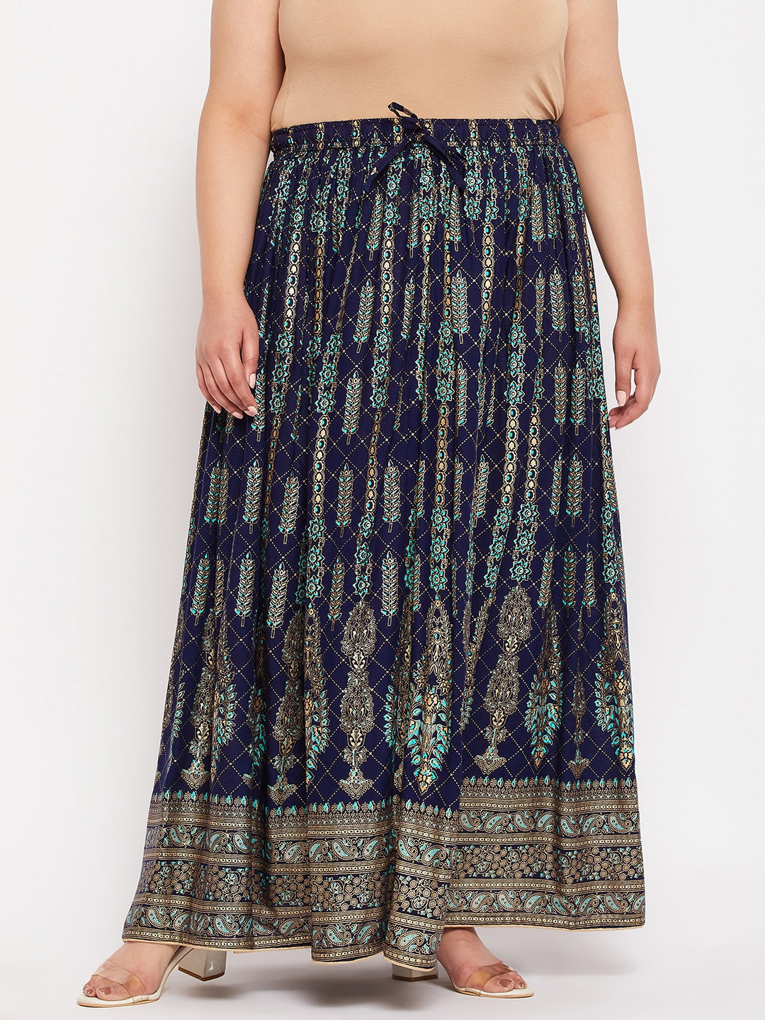 Navy Blue Printed Flared Maxi Skirt with elasticated waistband and drawstring.