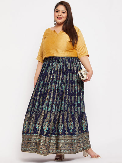 Navy Blue Printed Flared Maxi Skirt