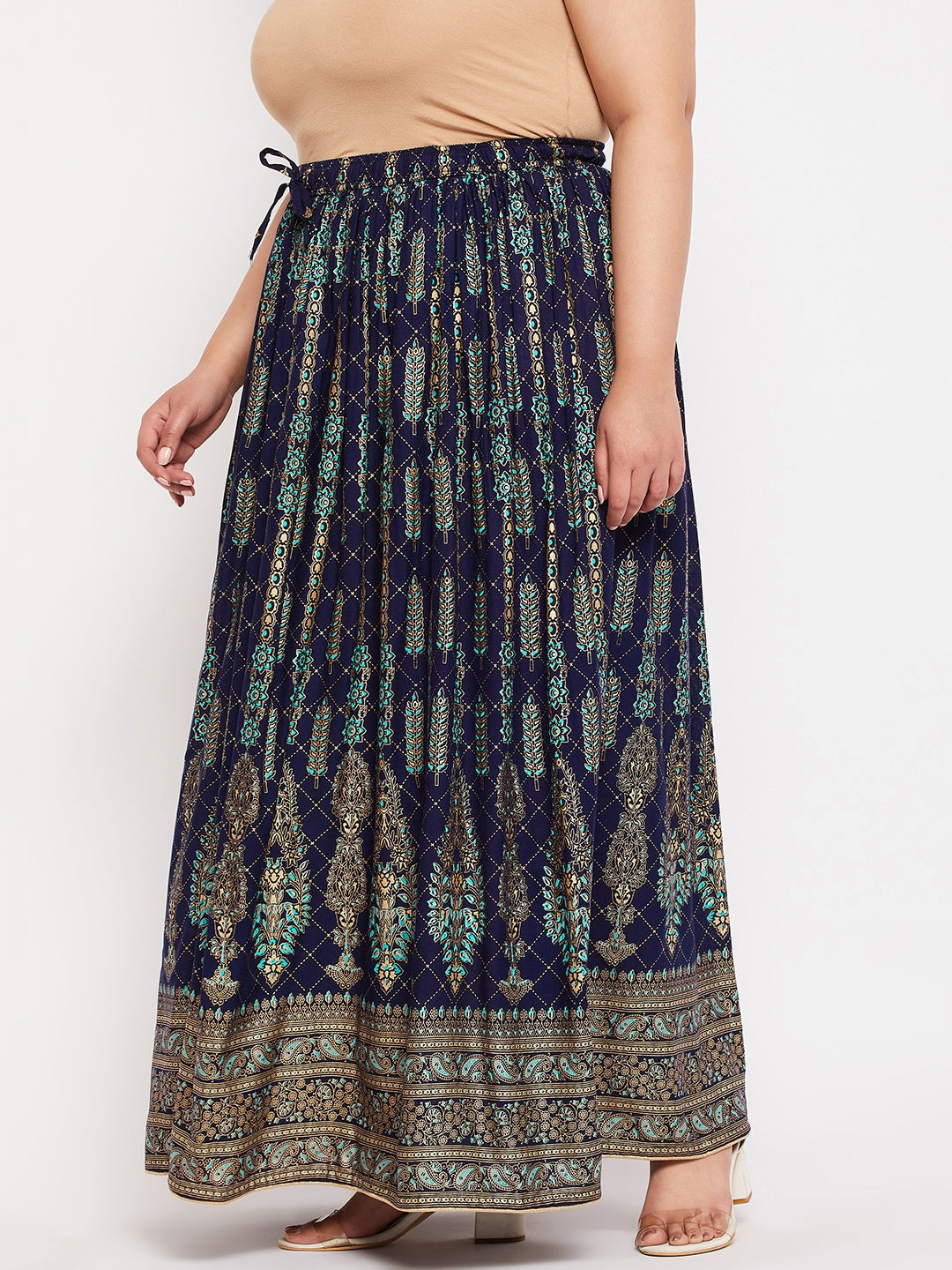 Navy Blue Printed Flared Maxi Skirt with Elasticated Waistband and Drawstring