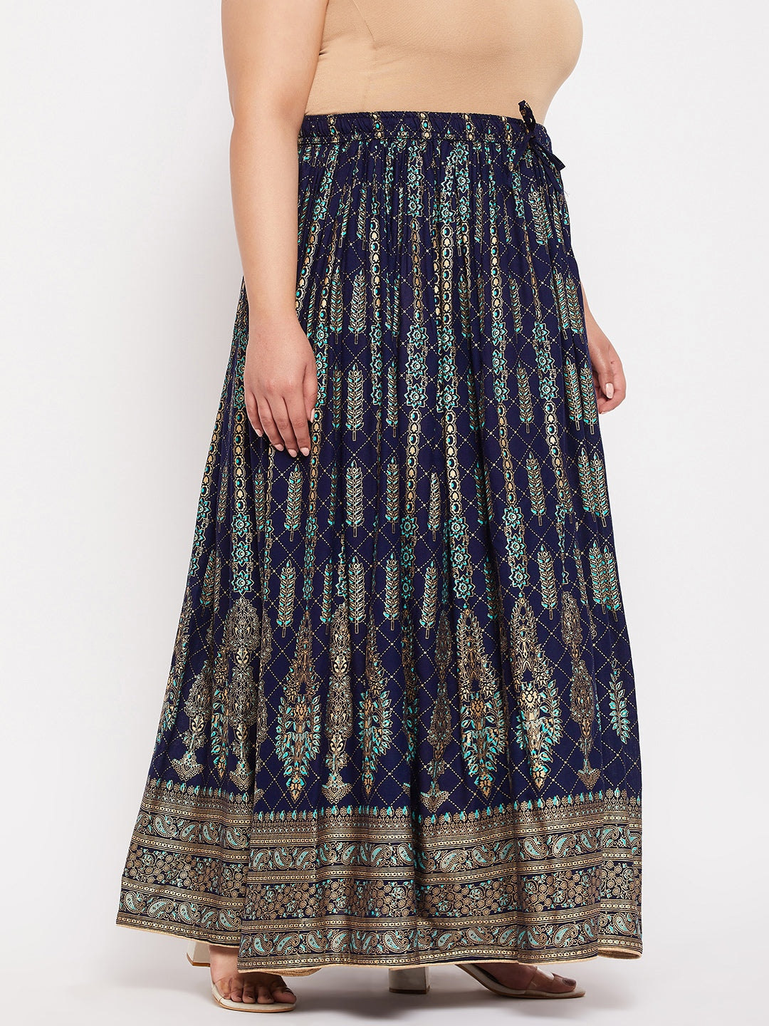 Navy Blue Printed Flared Maxi Skirt with elasticated waistband and drawstring.