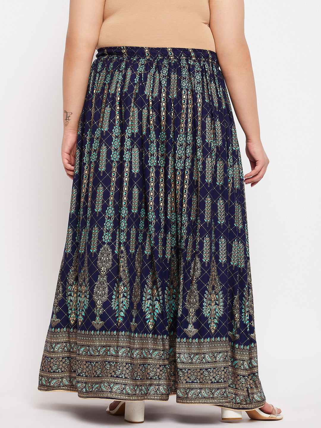 Navy blue printed flared maxi skirt with elasticated waistband and drawstring.