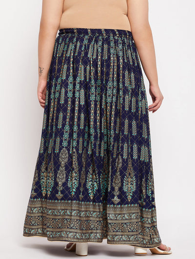 Navy Blue Printed Flared Maxi Skirt