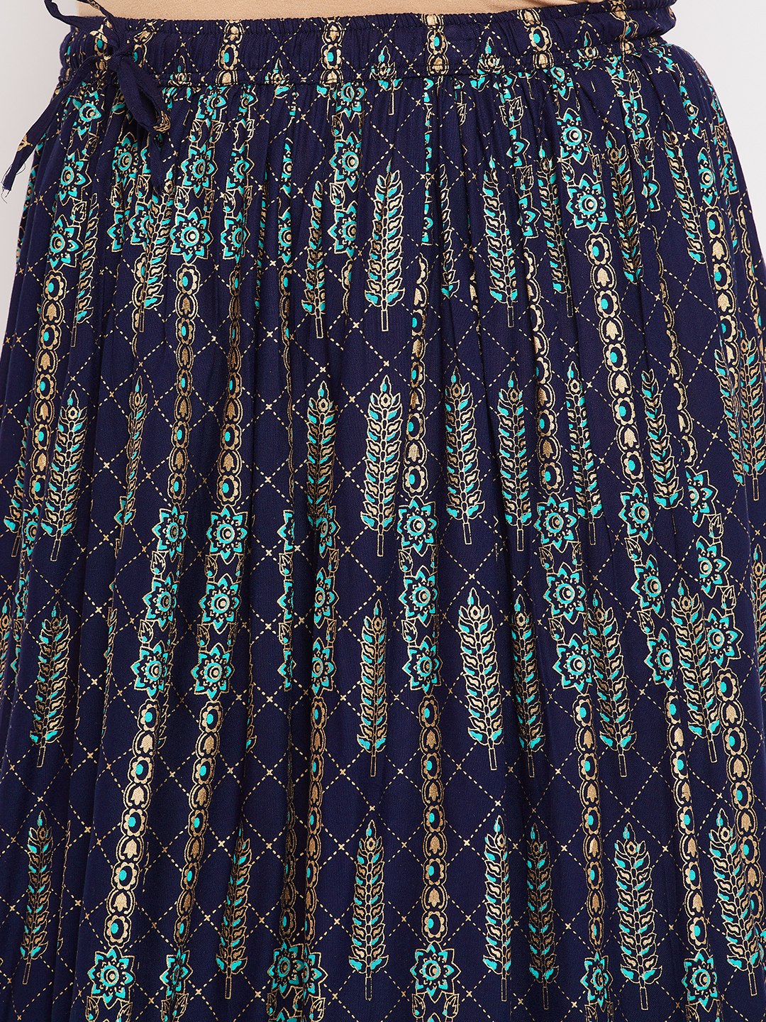 Navy Blue Printed Flared Maxi Skirt with Elasticated Waistband and Drawstring