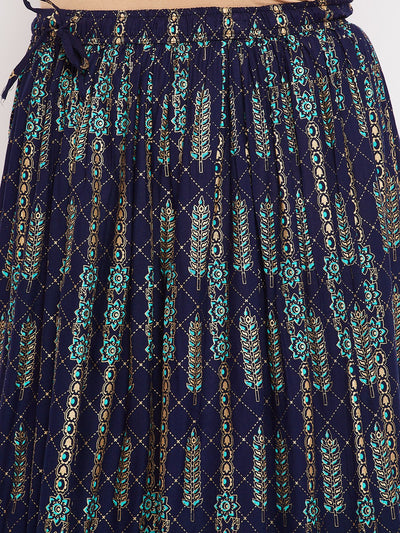 Navy Blue Printed Flared Maxi Skirt with Elasticated Waistband and Drawstring