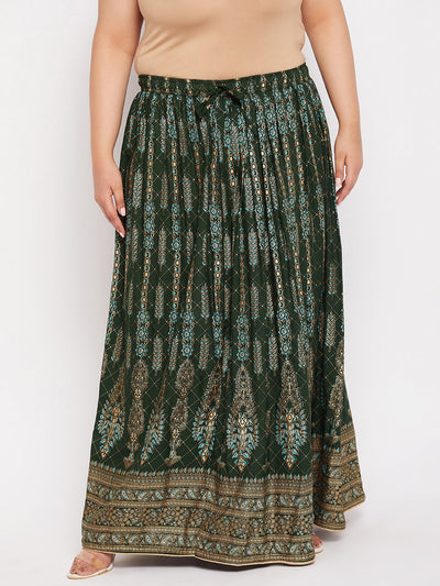 Bottle Green Printed Flared Maxi Skirt