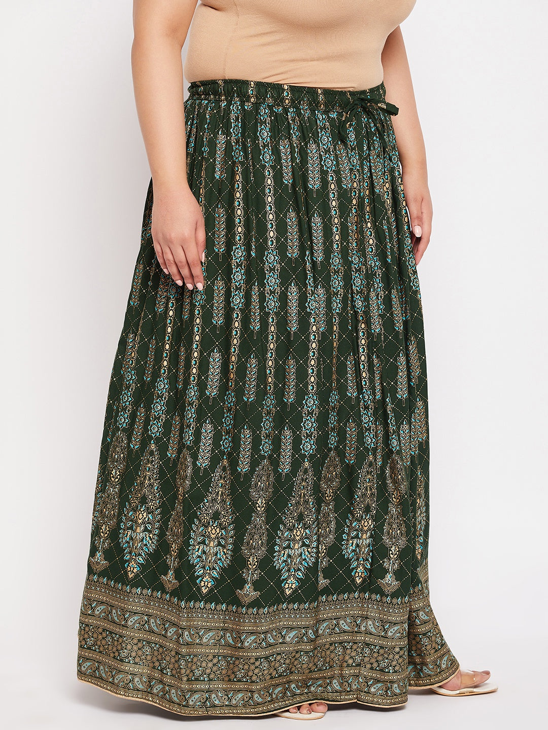 Bottle Green Printed Flared Maxi Skirt