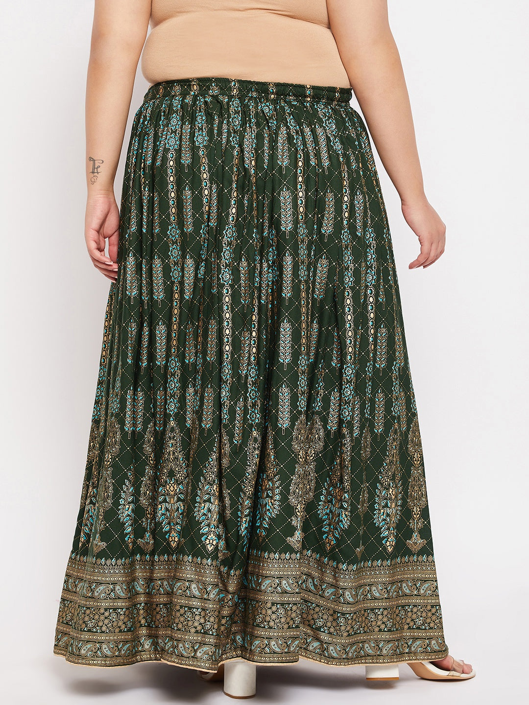 Bottle Green Printed Flared Maxi Skirt