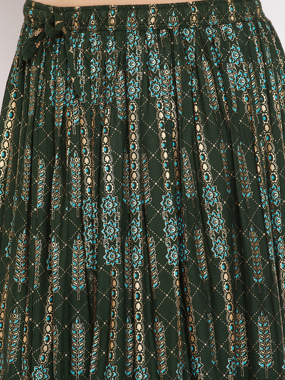 Bottle Green Printed Flared Maxi Skirt