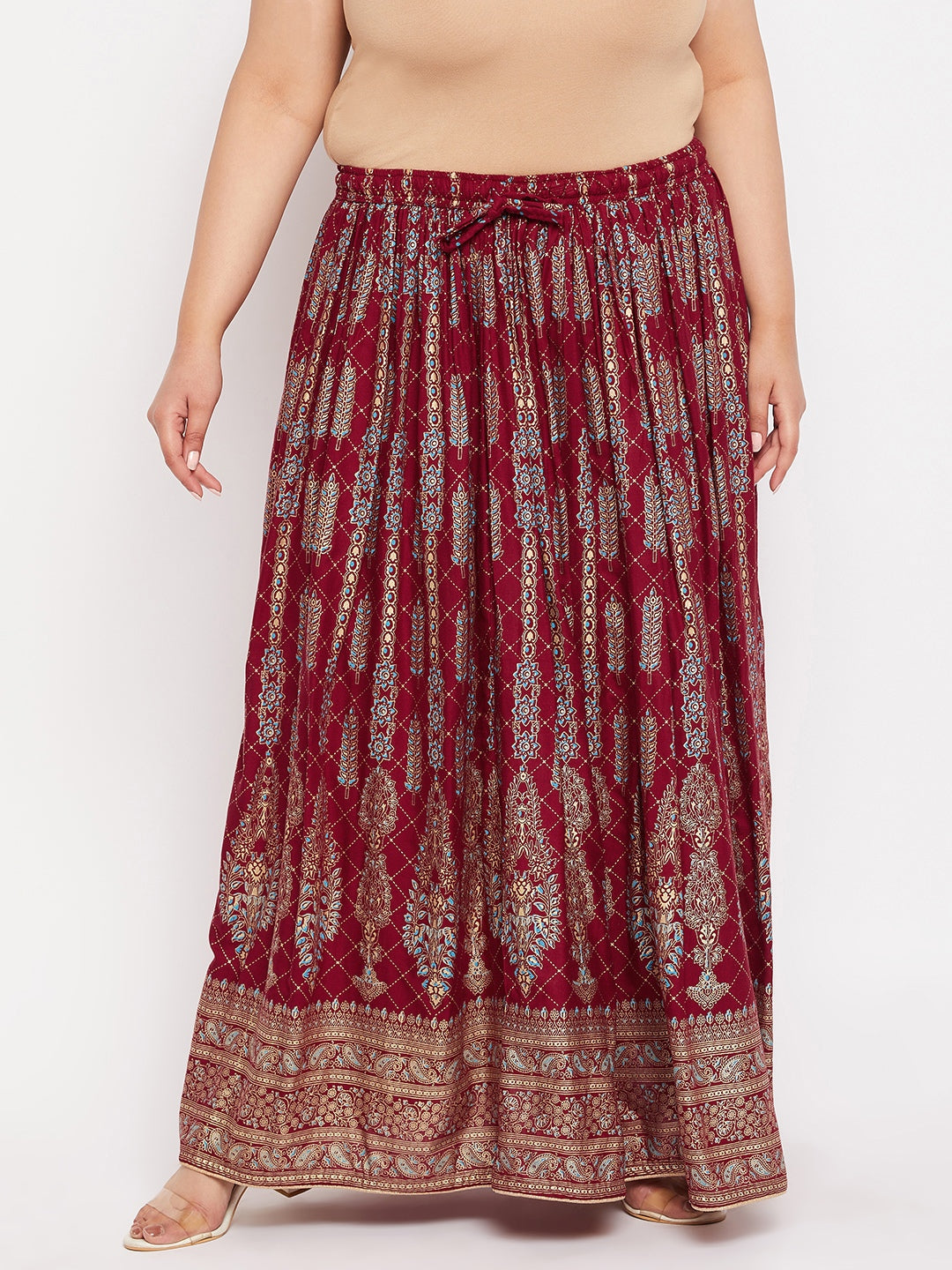 Maroon Printed Flared Maxi Skirt