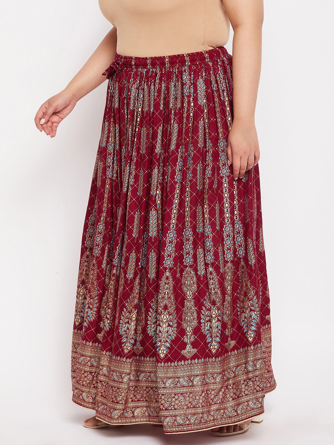 Maroon Printed Flared Maxi Skirt