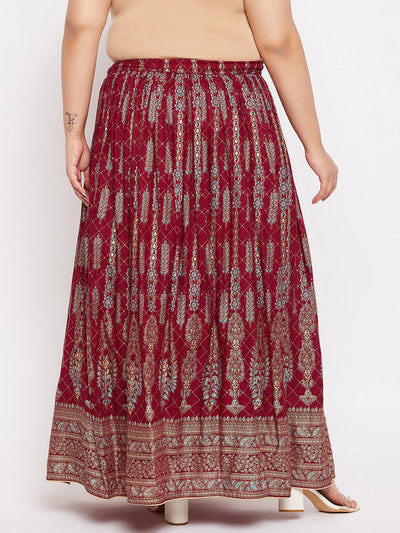 Maroon Printed Flared Maxi Skirt