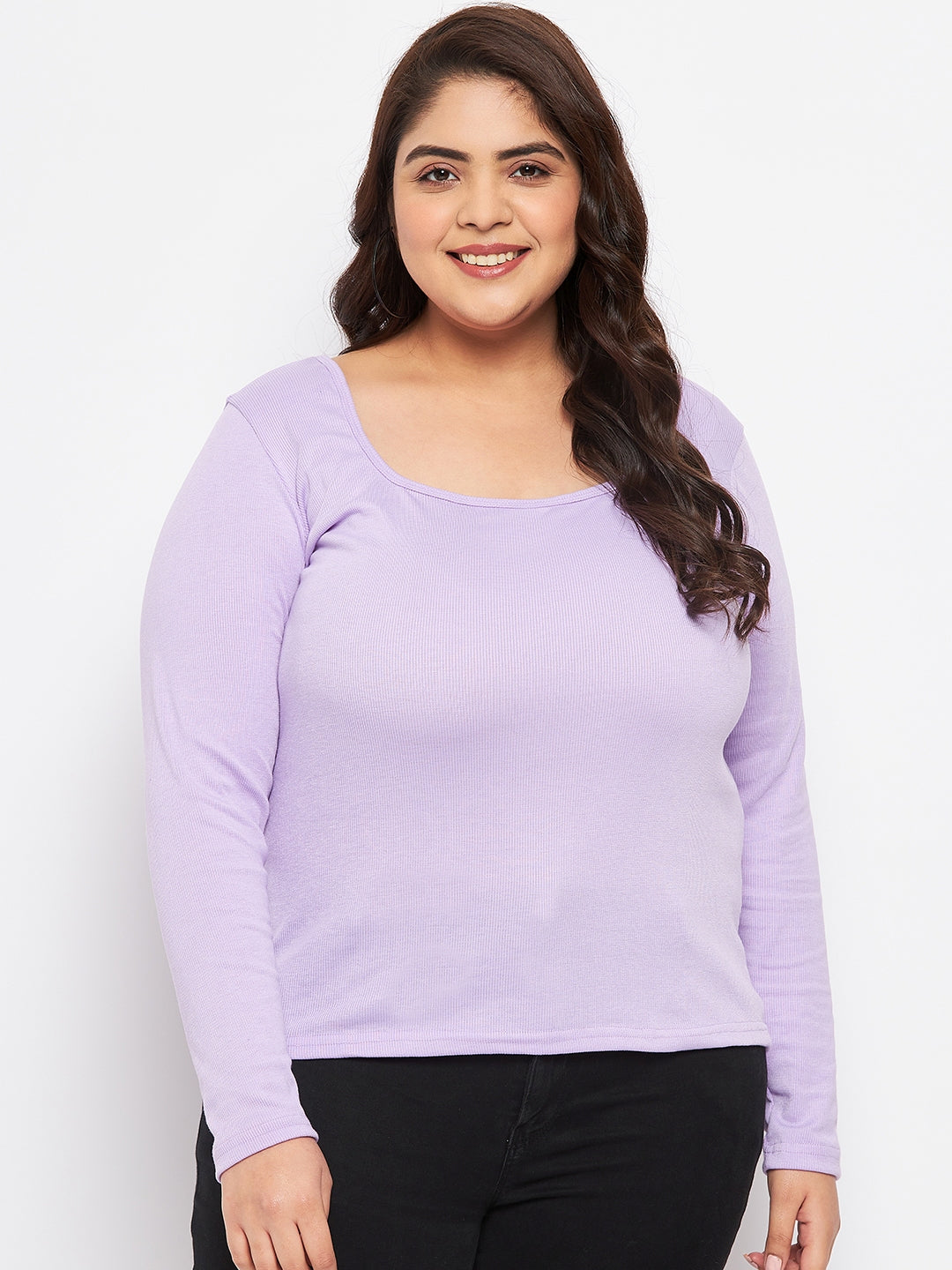 Mauve solid full sleeves top made of polyester, cotton, and elastane.