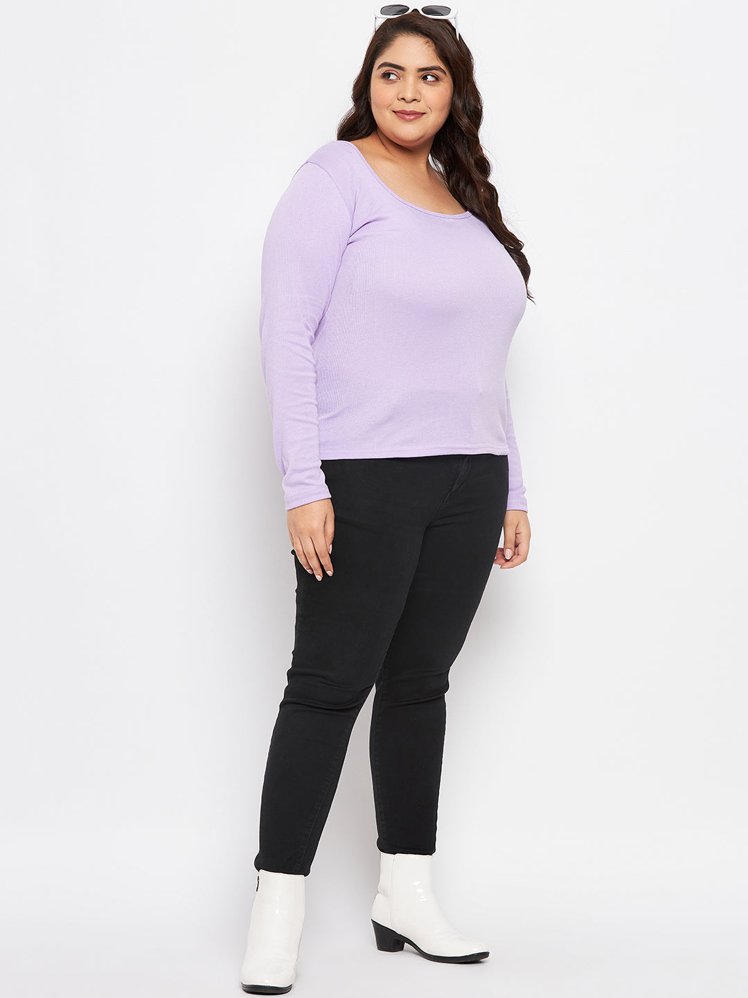 Mauve solid full sleeves top made of polyester, cotton, and elastane.