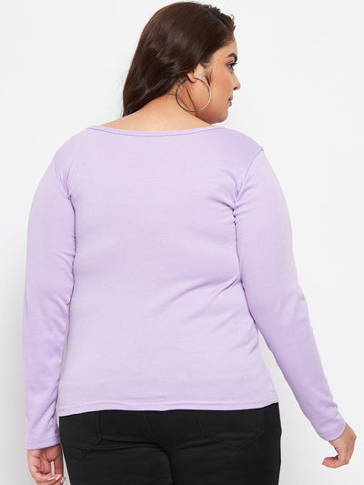 Mauve solid full sleeves top made from polyester, cotton, and elastane blend.