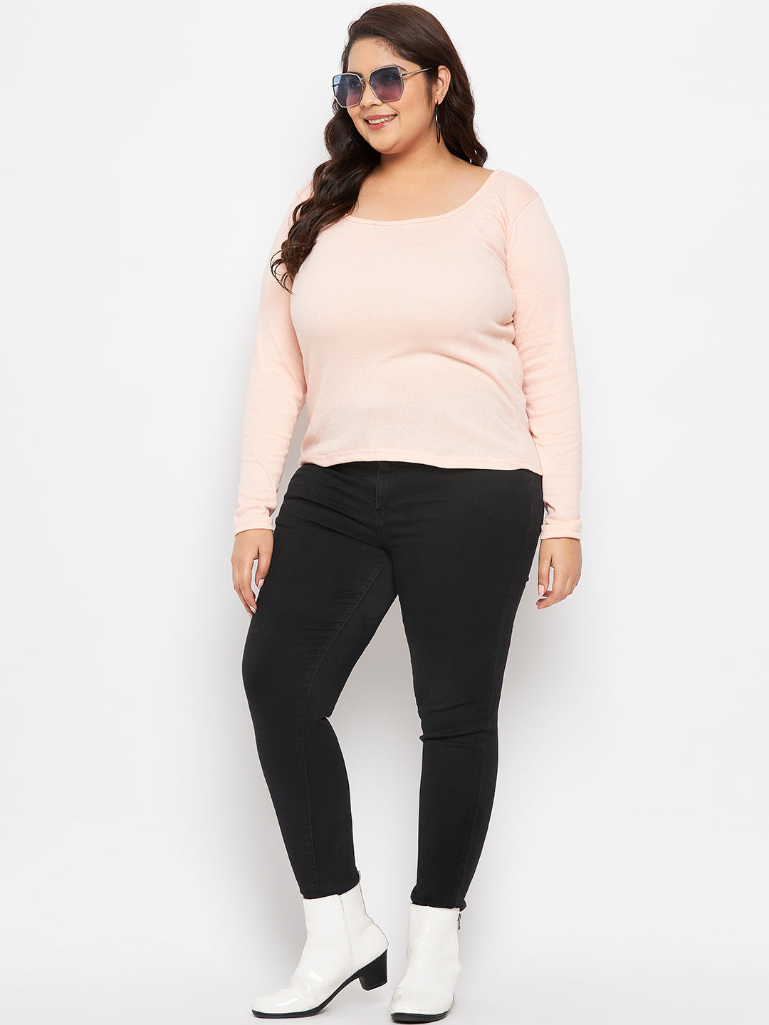 Peach solid full sleeves top, polyester-cotton blend, women's fashion.