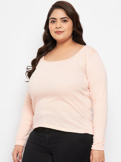 Peach solid full sleeves top made of polyester, cotton, and elastane.