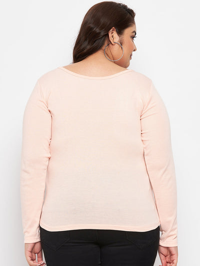 Peach solid full sleeves top made from polyester, cotton, and elastane.