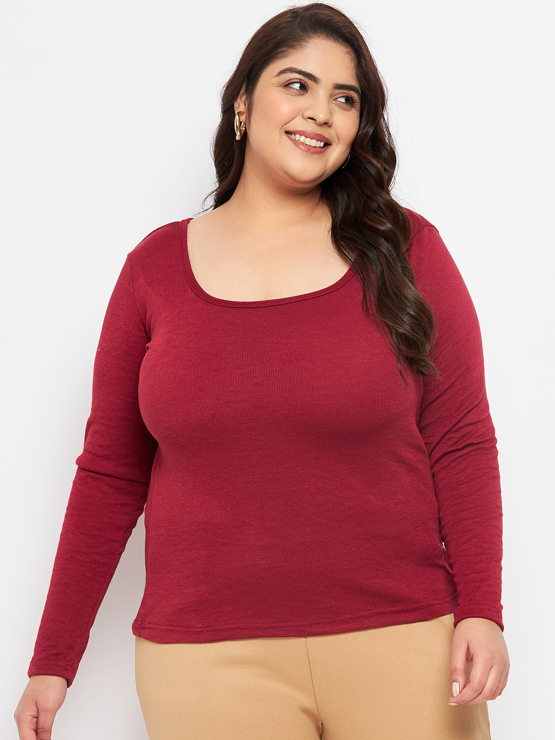 Maroon solid full sleeves top, polyester-cotton blend.