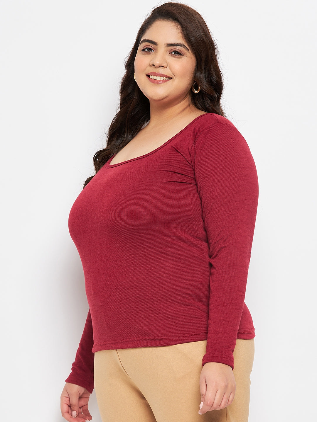 Maroon solid full sleeves top with a blend of polyester, cotton, and elastane.