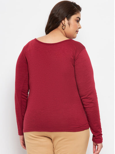 Maroon Solid Full Sleeves Top made of polyester, cotton, and elastane.