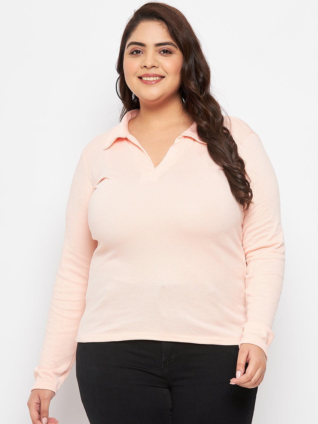 Peach collar neck solid top with long sleeves and a comfortable fit.