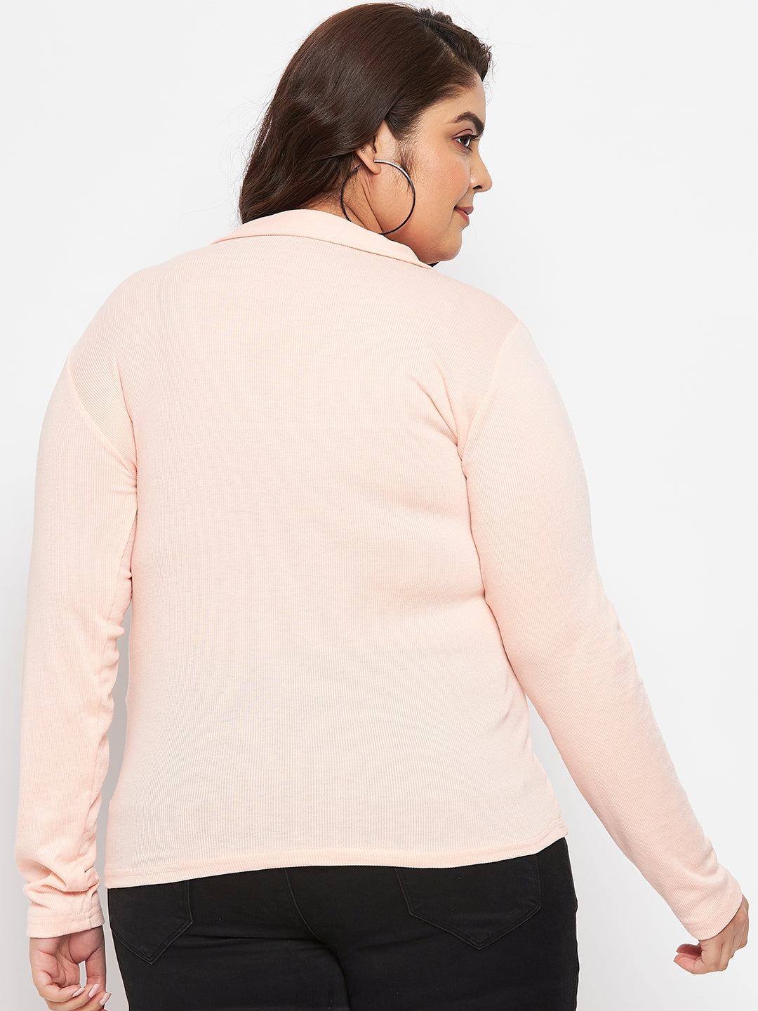 Peach collar neck solid top with long sleeves, back view.