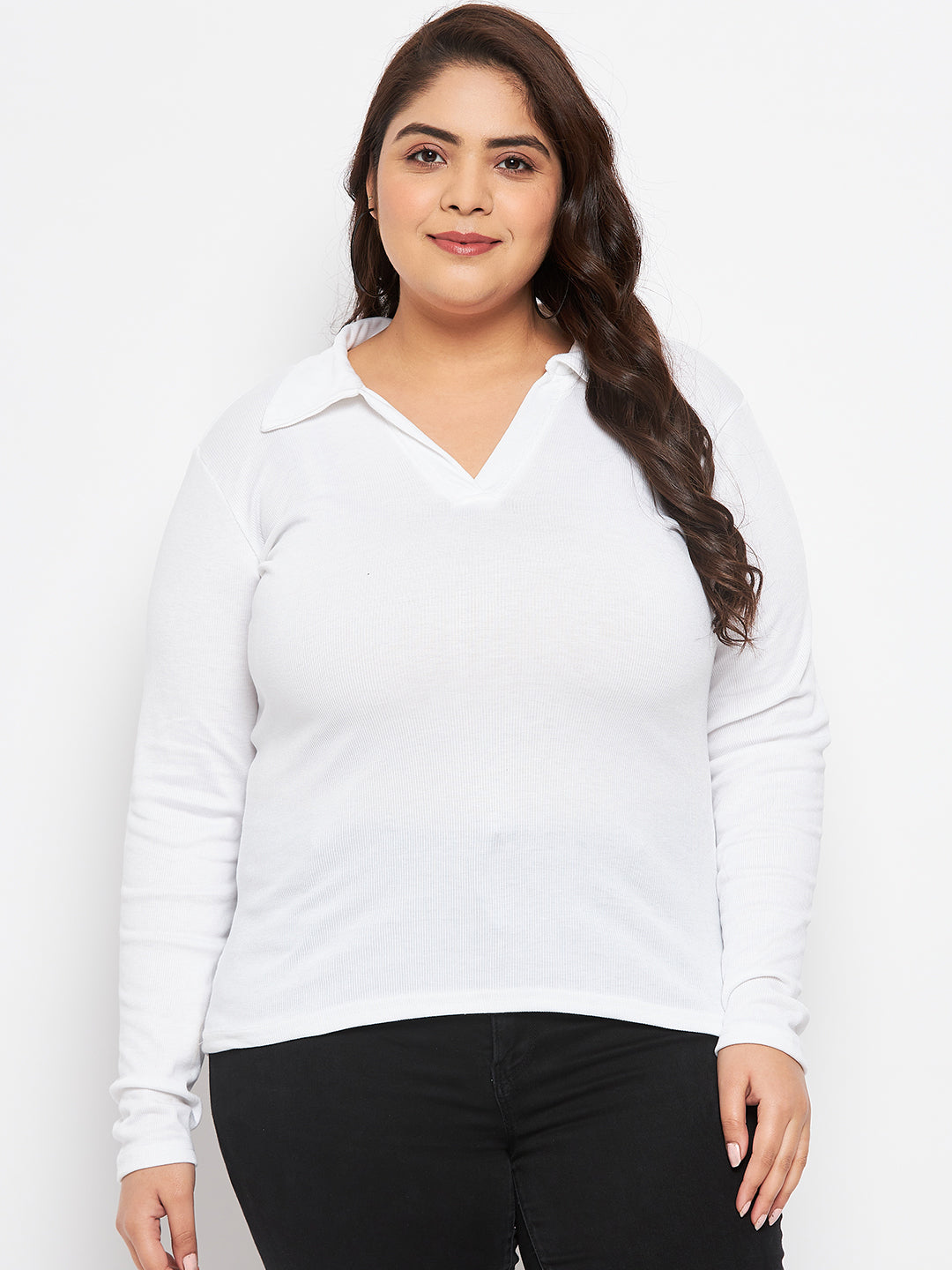 White Collar Neck Solid Top in polyester, cotton, and elastane blend.