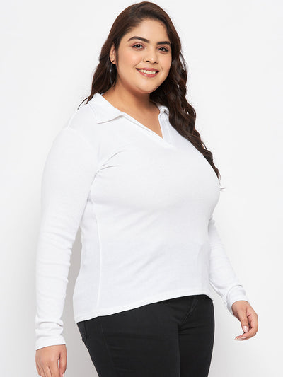 White collar neck solid top in polyester-cotton blend with long sleeves.