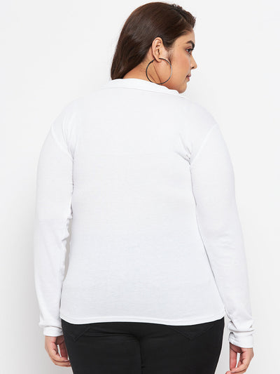 White Collar Neck Solid Top with long sleeves in a polyester-cotton blend.